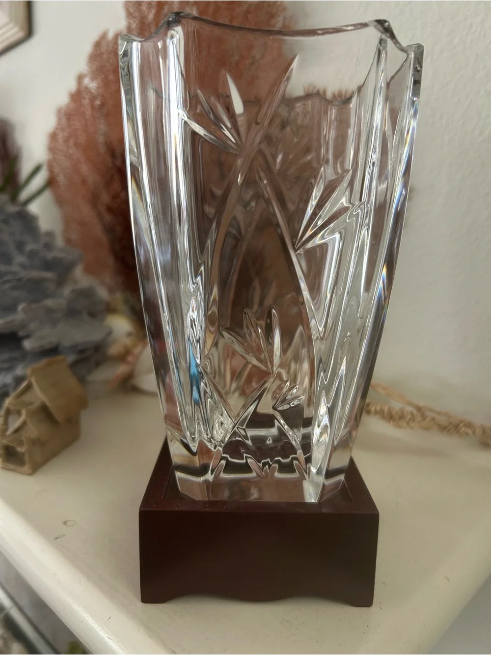 Waterford Crystal Bamboo Etched 6” Vase With Wood Base